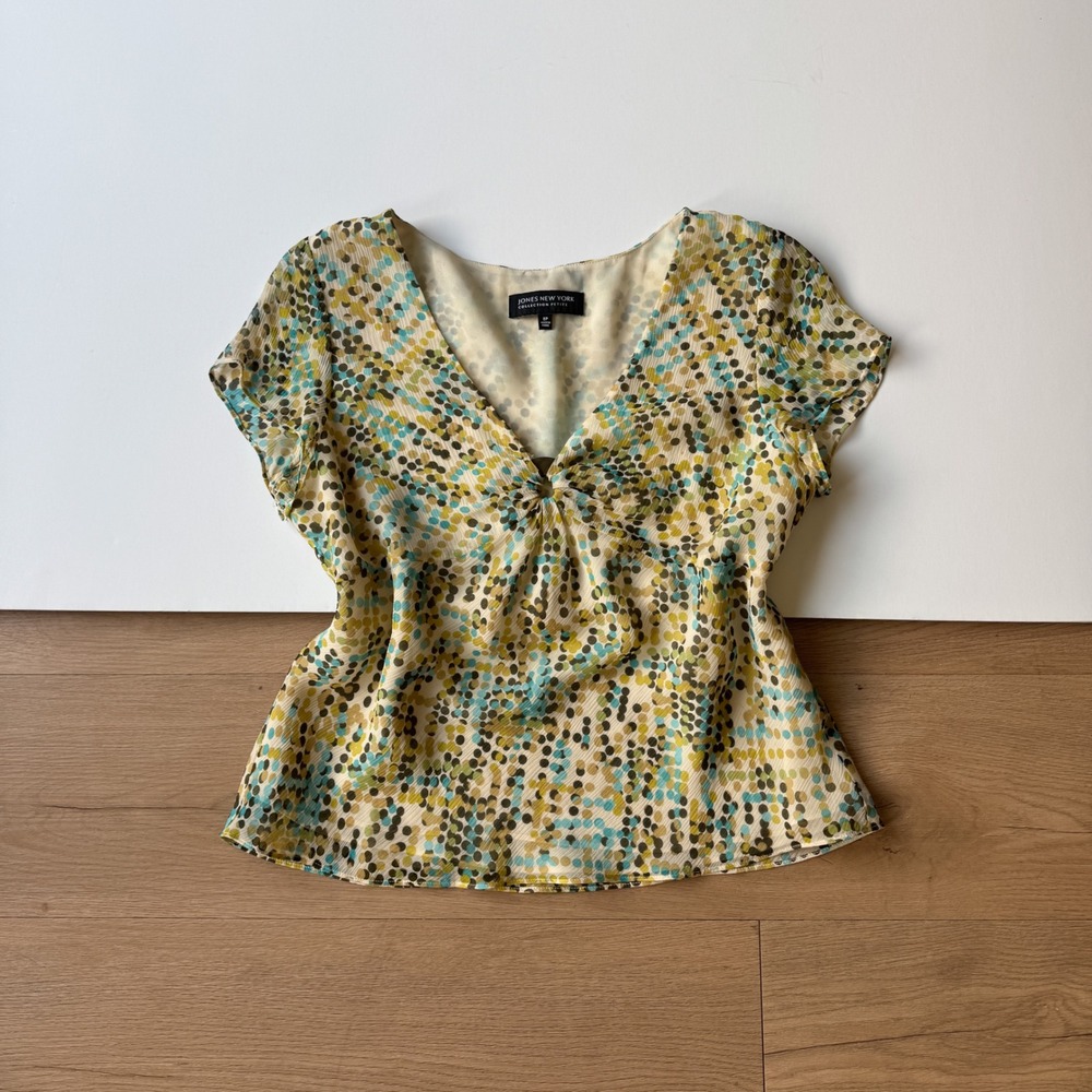 Silk Polka Dot Blouse Y2K Green Blue V-Neck Top Petite M/L Jones New York